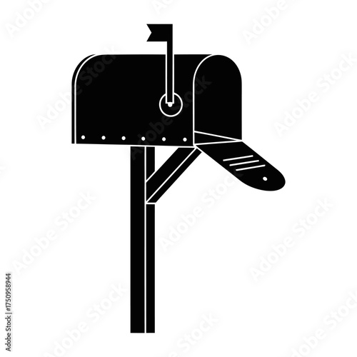 Classic Mailbox Icon, Open Door, Raised Flag, Solid Black Silhouette