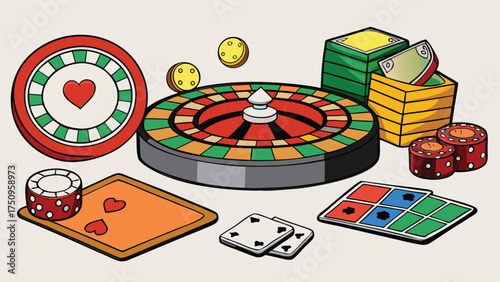Casino game objects roulette wheel chips cards and tokens casino chips playing cards