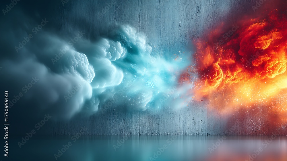 Fototapeta premium Dramatic Contrast of Blue Coolness and Fiery Red Explosions in an Abstract Cloudy Landscape