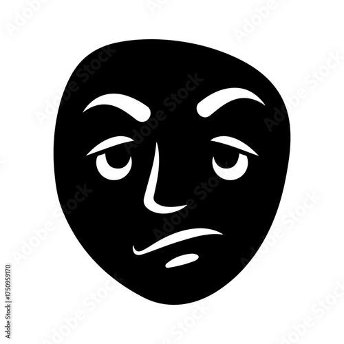 Abstract Black Face Icon with Stylized Pensive Emotional Expression
