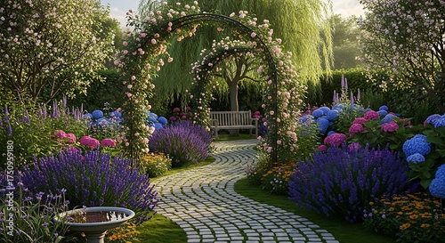 Enchanting Garden Path with Floral Arch and Lush Hydrangeas.