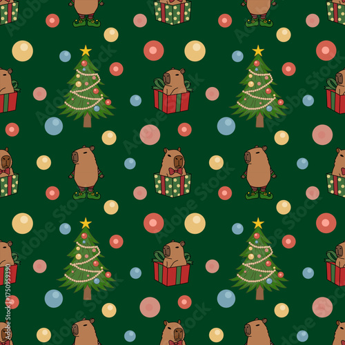 Cute Capybara Christmas Seamless Pattern Illustration