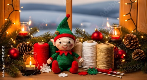 Crochet Christmas Elf with Festive Decorations – Cozy Holiday Scene, Handmade Christmas Craft, High-Quality
