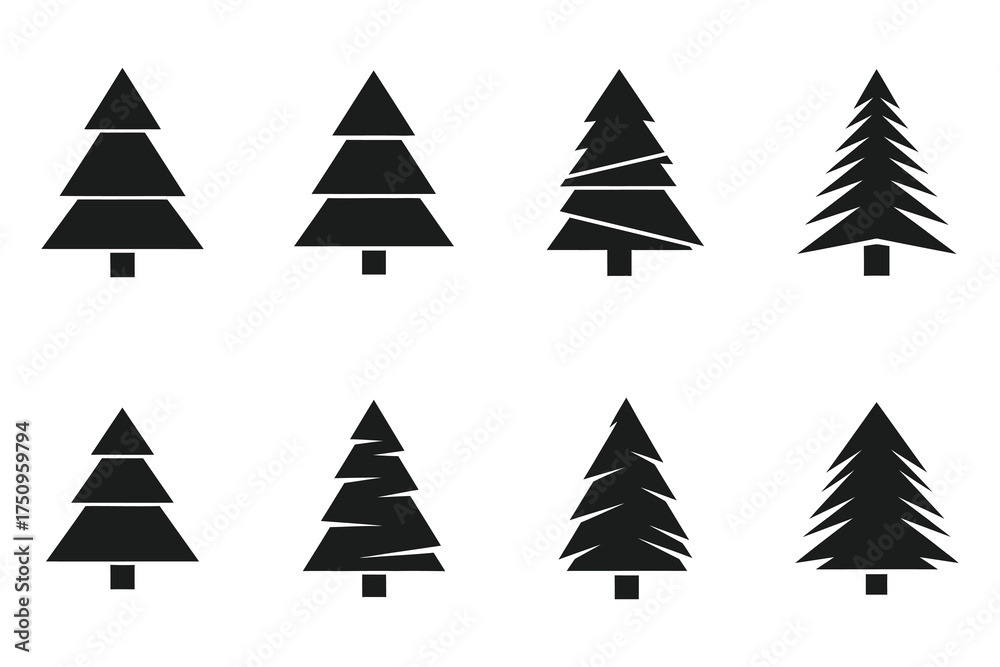 Fototapeta premium Black Silhouette Christmas Tree Icons Vector Set | Simple Evergreen Pine Tree Graphics for Holiday Design & Decoration