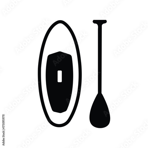 Simple black and white paddleboard with paddle on a white transparent background