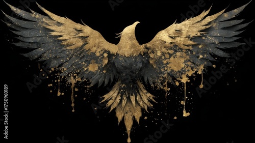 Golden Abstract Illustration of a Majestic Phoenix Bird Spreading Wings
