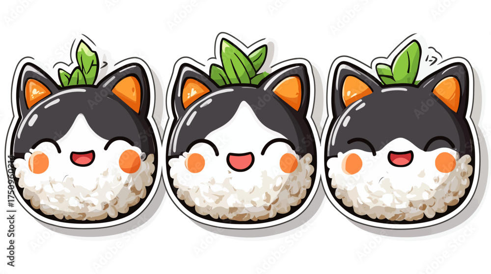 Obraz premium Cute Cat Onigiri Sushi Stickers, Japanese Food Art, Whimsical Design, Colorful Illustrations, Playful Atmosphere