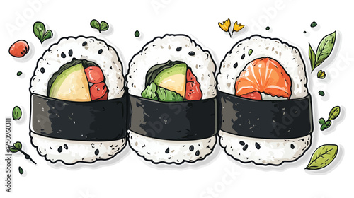 Colorful Onigiri Sushi Art, Japanese Cuisine, Digital Illustration, Whimsical, Cartoon Style, Food Design
