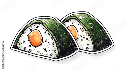 Japanese Onigiri Rice Balls with Seaweed Wrap - Sticker Art Illustration - Food Culture - Whimsical Style