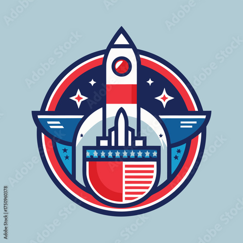 Patriotic Rocket Launch Emblem with American Flag Colors and Stars Celebrating Space Exploration and Innovation Representing American Pride