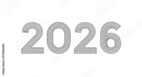 Stylized 2026 year number graphic with modern striped line effect, perfect for future-themed designs, calendars, new year celebrations, and digital applications