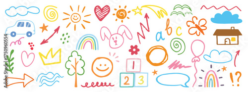 Children school, kindergarten vector doodle set. Cute daycare hand drawn flower, toy, animal elements. Childish cute preschool activity, education doodle background. Vector illustration.

