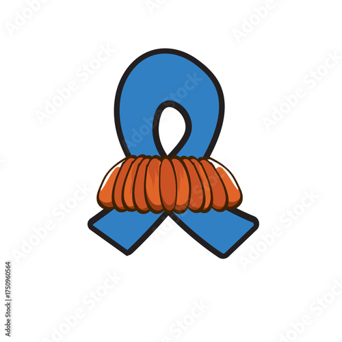 Blue ribbon with moustache symbol of november mens health month. Doodle style Blue ribbon and moustache isolated on white background. Sticker , label and icon of prostate cancer awareness