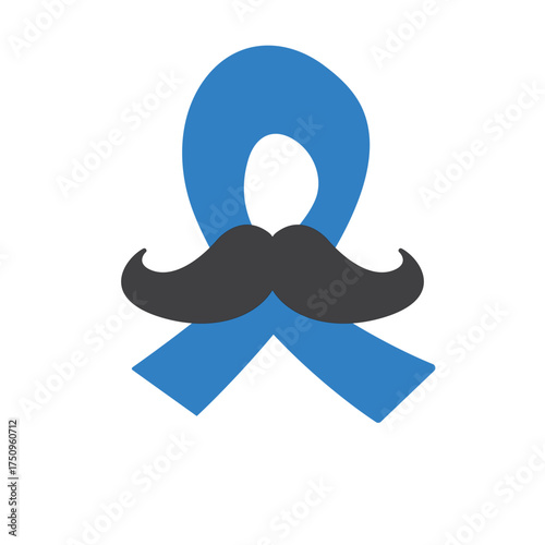 Blue ribbon with moustache symbol of november mens health month. Doodle style Blue ribbon and moustache isolated on white background. Sticker , label and icon of prostate cancer awareness