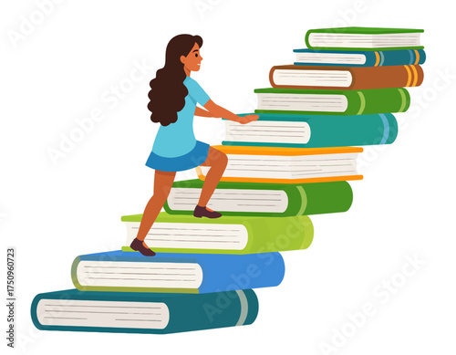 Girl climbing stairs of books vector concept.Flat vector illustration of a young girl climbing stairs made of books, symbolizing progress through education and empowerment for International Day of the