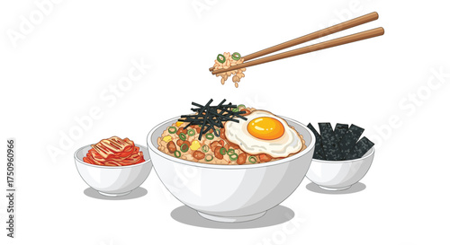 A delicious bowl of rice topped with a fried egg chopped seaweed and spring onions.