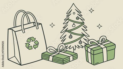 Eco-friendly Christmas concept with green gifts, recycling bag and decorated tree in minimalist style