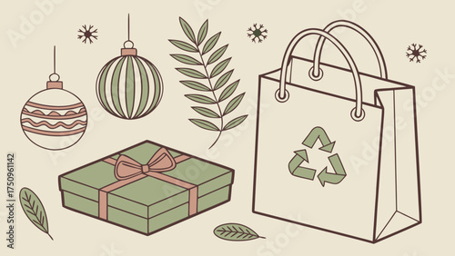 Eco-friendly Christmas illustration with gift box, recycling bag, ornaments and green foliage in soft colors