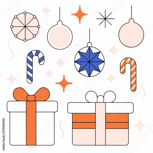 Flat style illustration of Christmas gifts, candy canes and ornaments in orange and blue festive colors