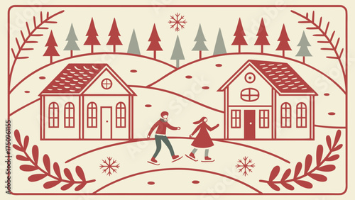 Vintage style winter scene with two people ice skating between houses surrounded by trees and snowflakes