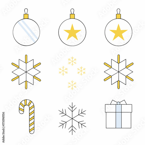Flat style Christmas icons including ornaments, snowflakes, candy cane and a gift in white and yellow colors