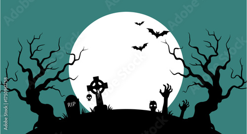 Halloween graveyard illustration, black silhouette of spooky trees, tombstones, bats, and zombies under full moon, isolated white background vector