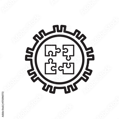 System integration line icon showing gear and puzzle pieces symbolizing technology connection, collaboration, process automation, and digital solutions for industrial, IT, and business systems.