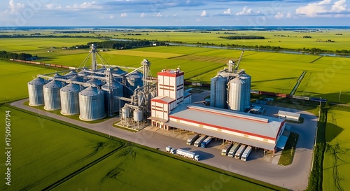 Aerial View of a Modern Agricultural Processing Plant in Rural Landscape.
