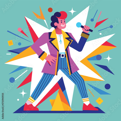 Vibrant Retro Singer Illustration with Microphone and Geometric Elements Colorful Performance Art for Posters and Graphic Design Projects