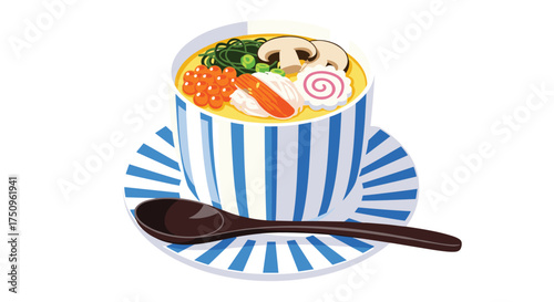 A delicious steaming bowl of savory egg custard with various toppings served on a blue and white striped saucer with a spoon.