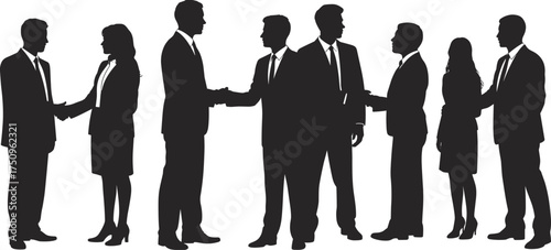 Business people handshake silhouettes in formal attire, professional partnership concept, teamwork cooperation symbol, successful corporate agreement vector illustration