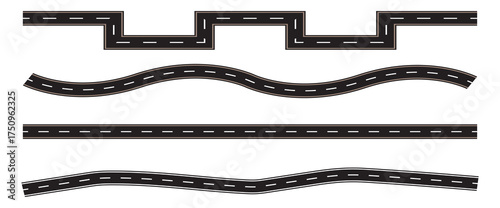 Repeating seamless pattern of winding zigzag asphalt road. Wavy winding curves roads and horizontal path. Curved road simple vector. Stylized black road clip art on white background. 