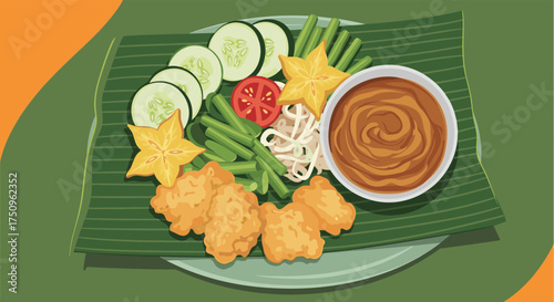 A vibrant plate of crispy chicken bites served with fresh vegetables and a creamy peanut dipping sauce.