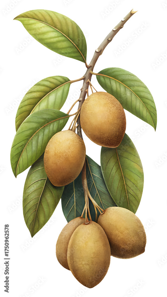 Obraz premium Beautiful illustration of a sapodilla fruit branch with leaves on white background