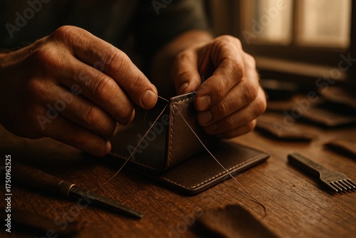 Artisan sewing leather wallet by hand