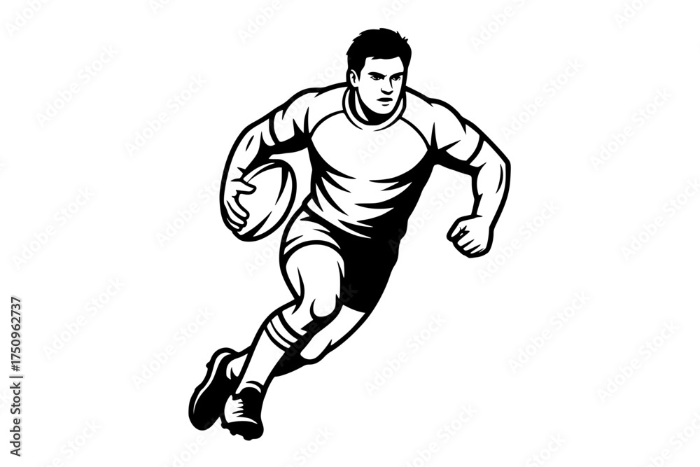 Naklejka premium Rugby Player Charging Forward with Ball Cartoon Vector – Black and White Line Art Generative AI