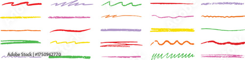 Line color pencil brush kid set. Color chalk pastel pencil underline scribble brush stroke set for kid design. Hand drawn wavy marker underline element. Vector illustration


