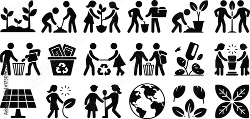 Environmental protection pictogram set, people recycling and planting trees, eco conservation concept, sustainability awareness symbols, green earth care vector icons