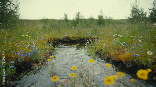 A serene stream flows through a vibrant meadow filled with wildflowers