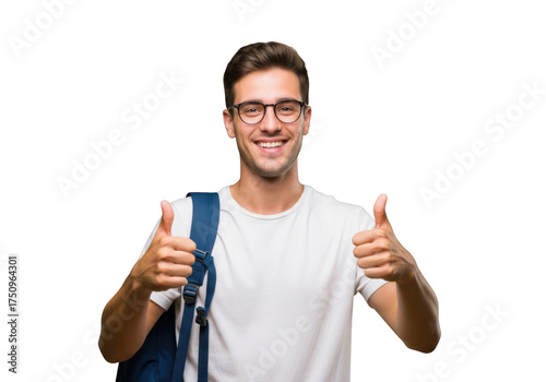 Young man with backpack giving thumbs up isolated on transparent background