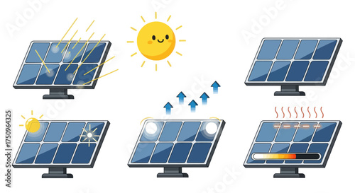 Foto Solar Panel Efficiency Stages: Cartoon Illustration of Energy Production and Degradation