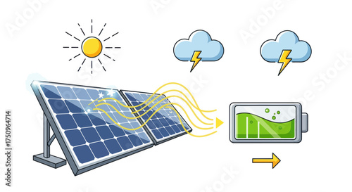 Foto Illustrated solar panel system converting sun energy to battery power