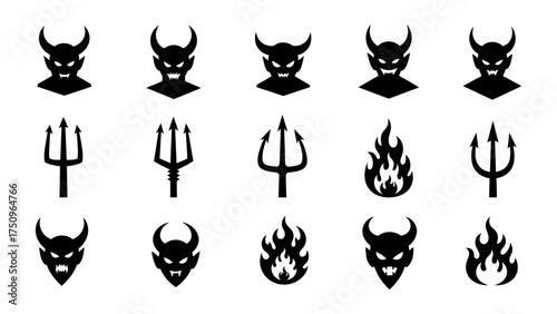 Collection of Evil Themed Devil, Trident, and Flame Silhouette Icons