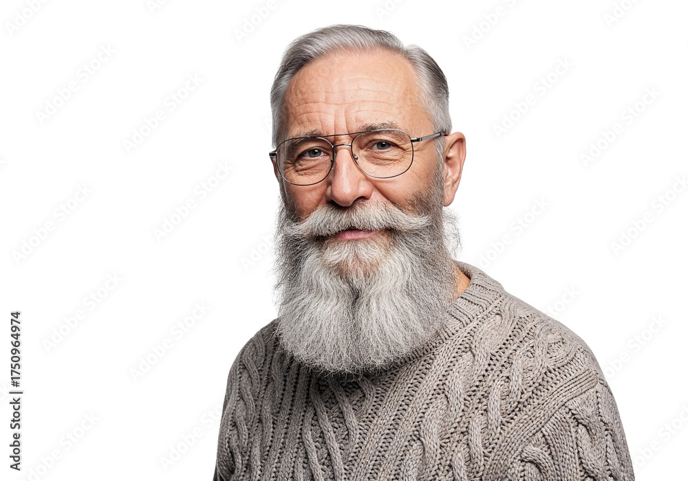 Obraz premium Older Man with White Beard Wearing Cable-Knit Sweater on White Background