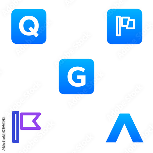 Collection of modern blue gradient icons with letters and flags