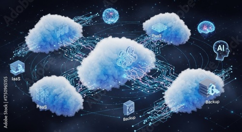 A digital illustration depicting a cloud network with various cloud services and icons.