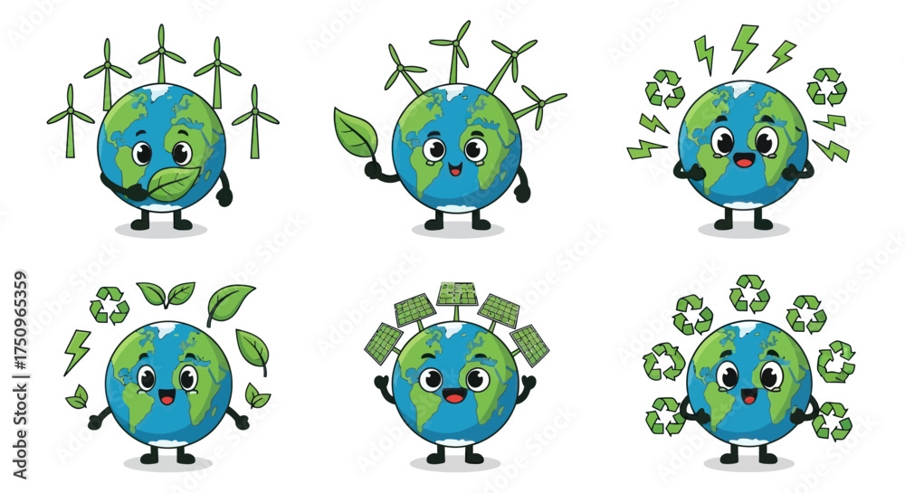 Fototapeta premium Six Cartoon Earth Characters Illustrating Environmental Concepts.