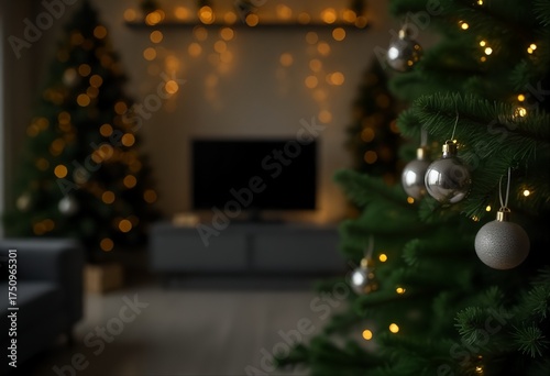 Inviting Holiday Atmosphere with a Lush Christmas Tree, Glittery Silver Ornaments, and Warm Lights in a Contemporary Living Space