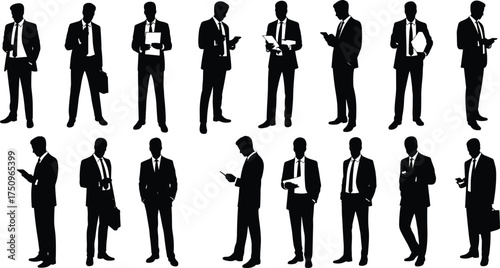 Silhouette collection of businessmen standing and working, professional poses and gestures, leadership teamwork concept, corporate office illustration vector