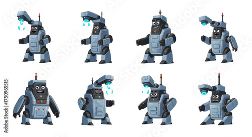 Photography A collection of a futuristic bulky gorilla-like robot character in various poses and expressions